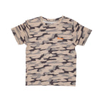 Camouflage-patterned t-shirt with a brand logo on a white background