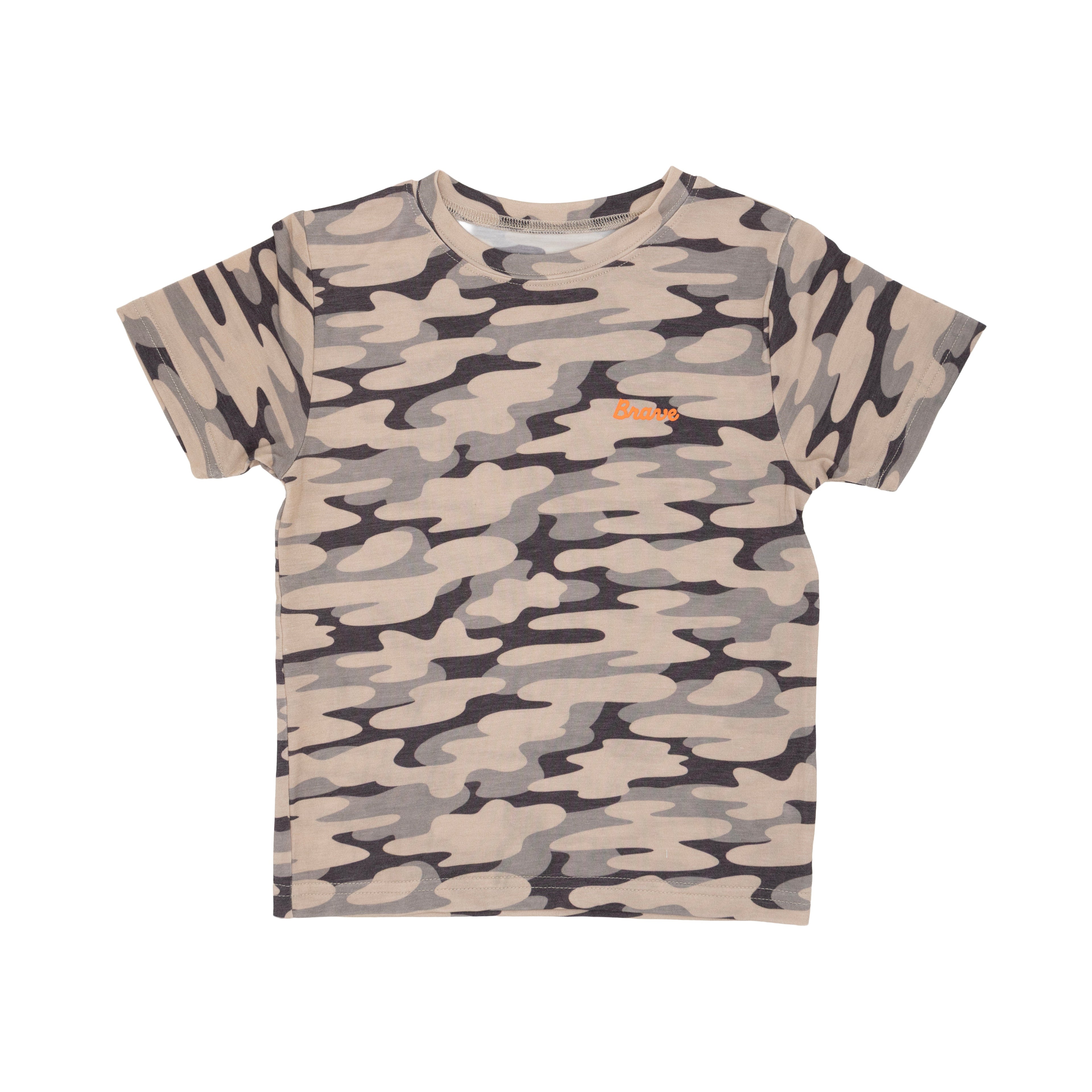 Camouflage-patterned t-shirt with a brand logo on a white background