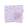 Light purple baby blanket with colorful unicorn patterns on a white background