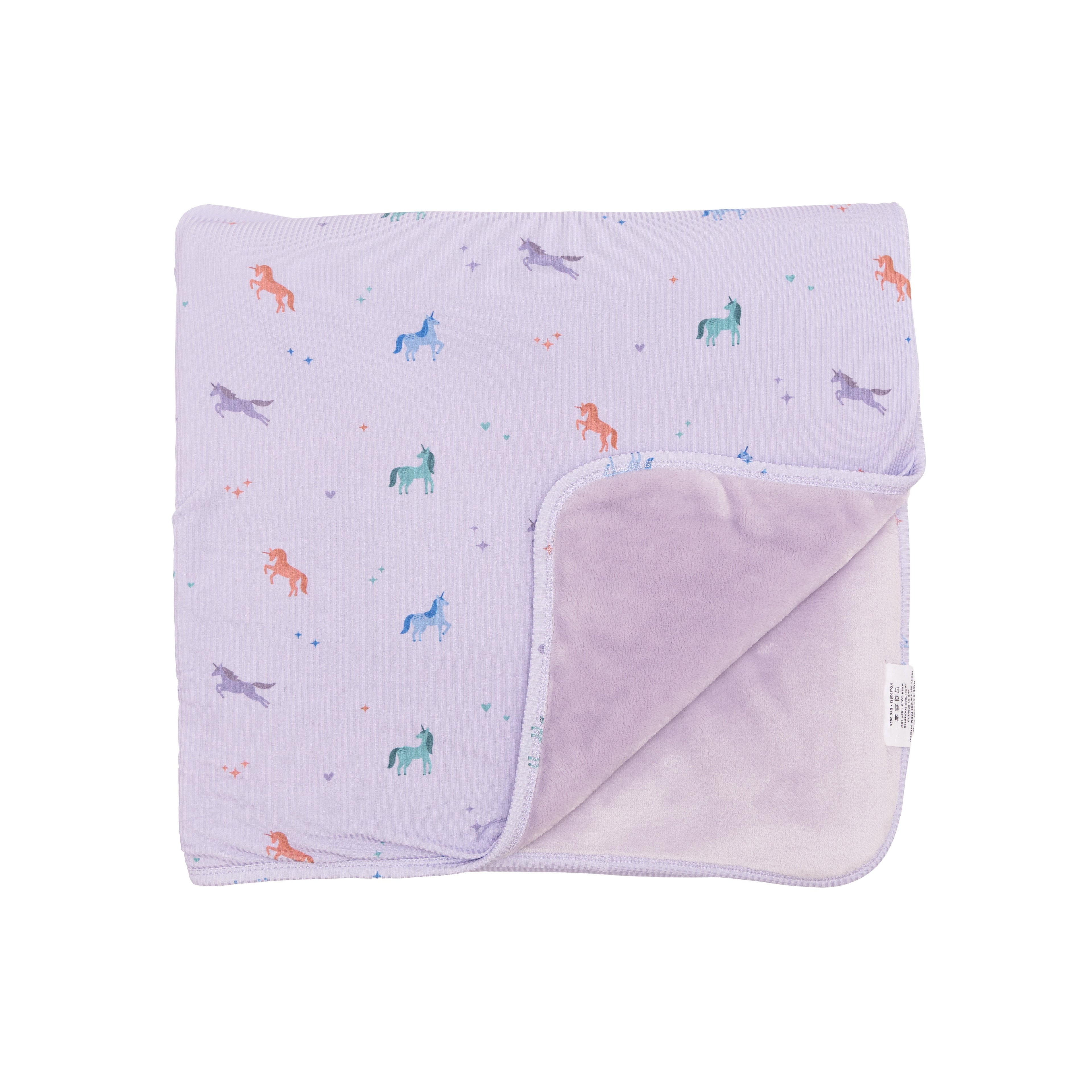 Light purple baby blanket with colorful unicorn patterns on a white background