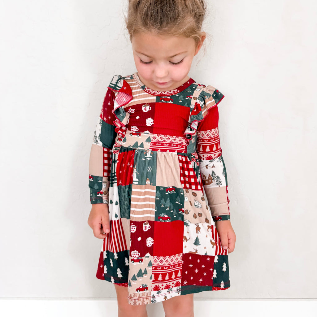 Patchwork Small Ribbed Ruffle Long Sleeve Dress