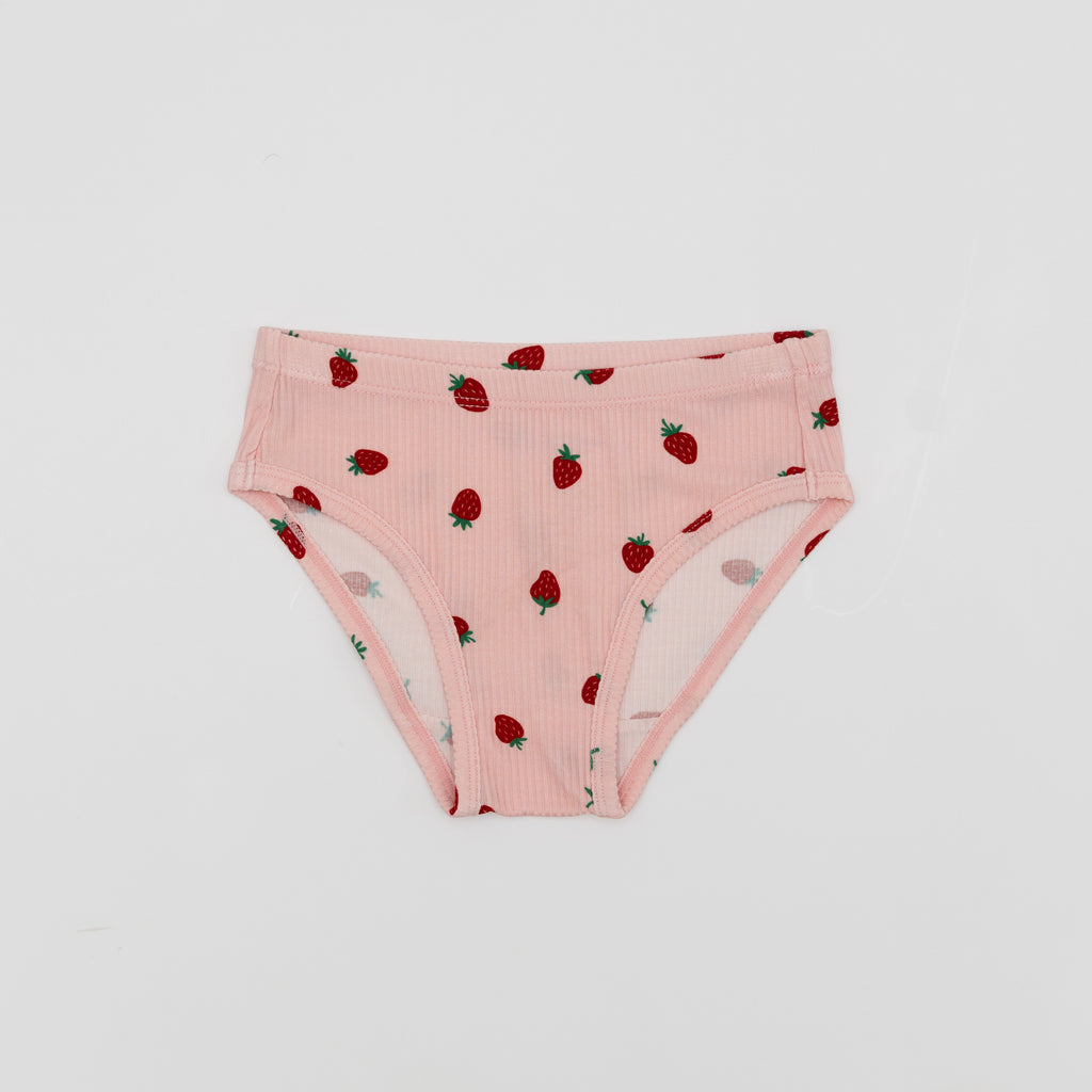 Pink underwear with strawberry pattern on a white background