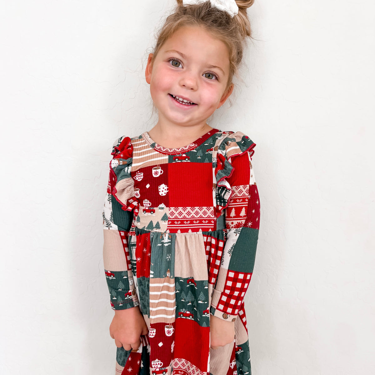 Patchwork Small Ribbed Ruffle Long Sleeve Dress