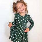 Christmas Trees Small Ribbed Ruffle Long Sleeve Dress