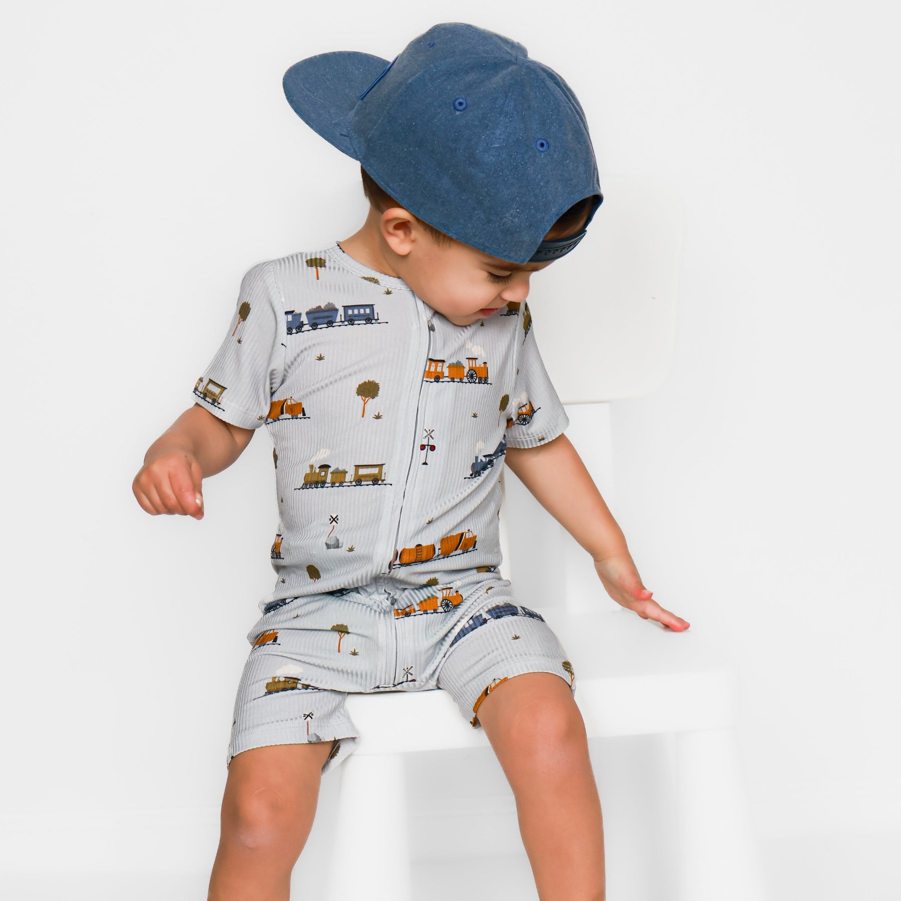 Trains Small Ribbed Summer Zip Romper