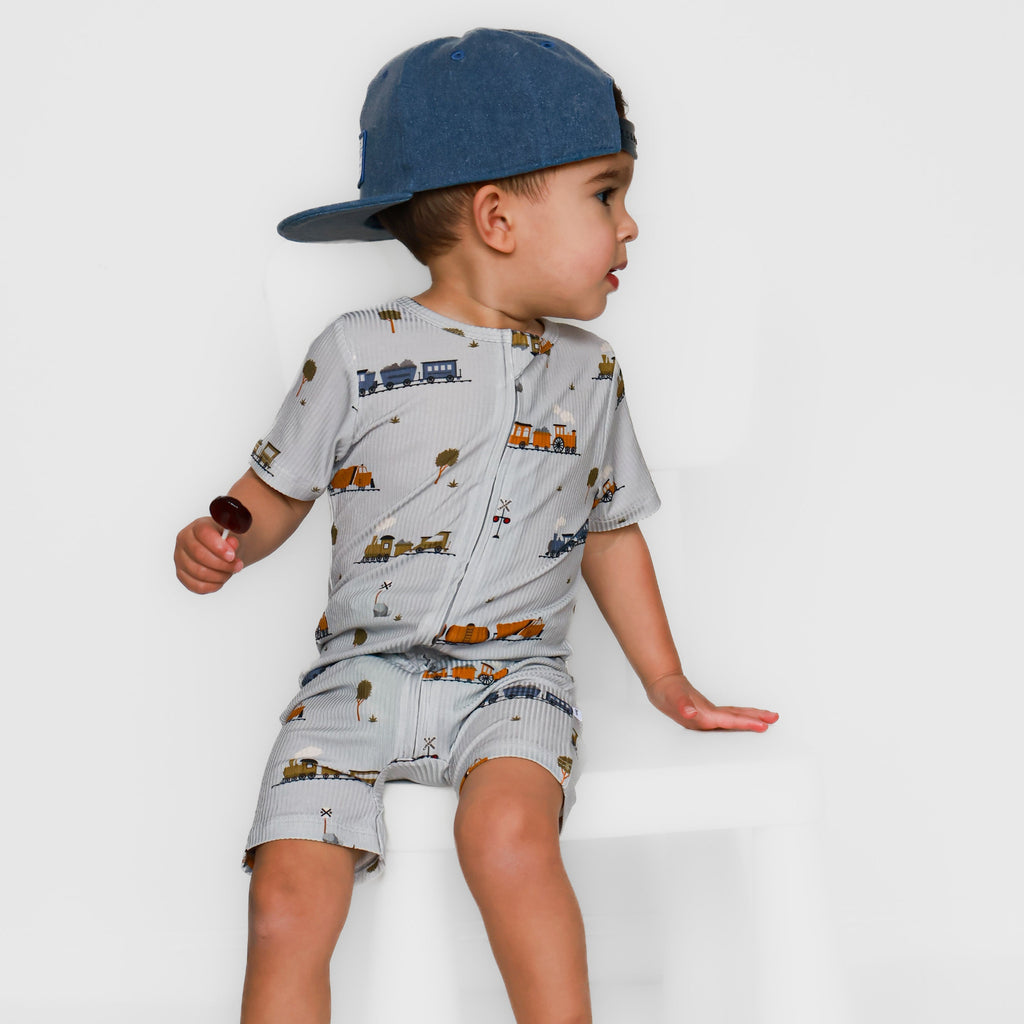 Trains Small Ribbed Summer Zip Romper