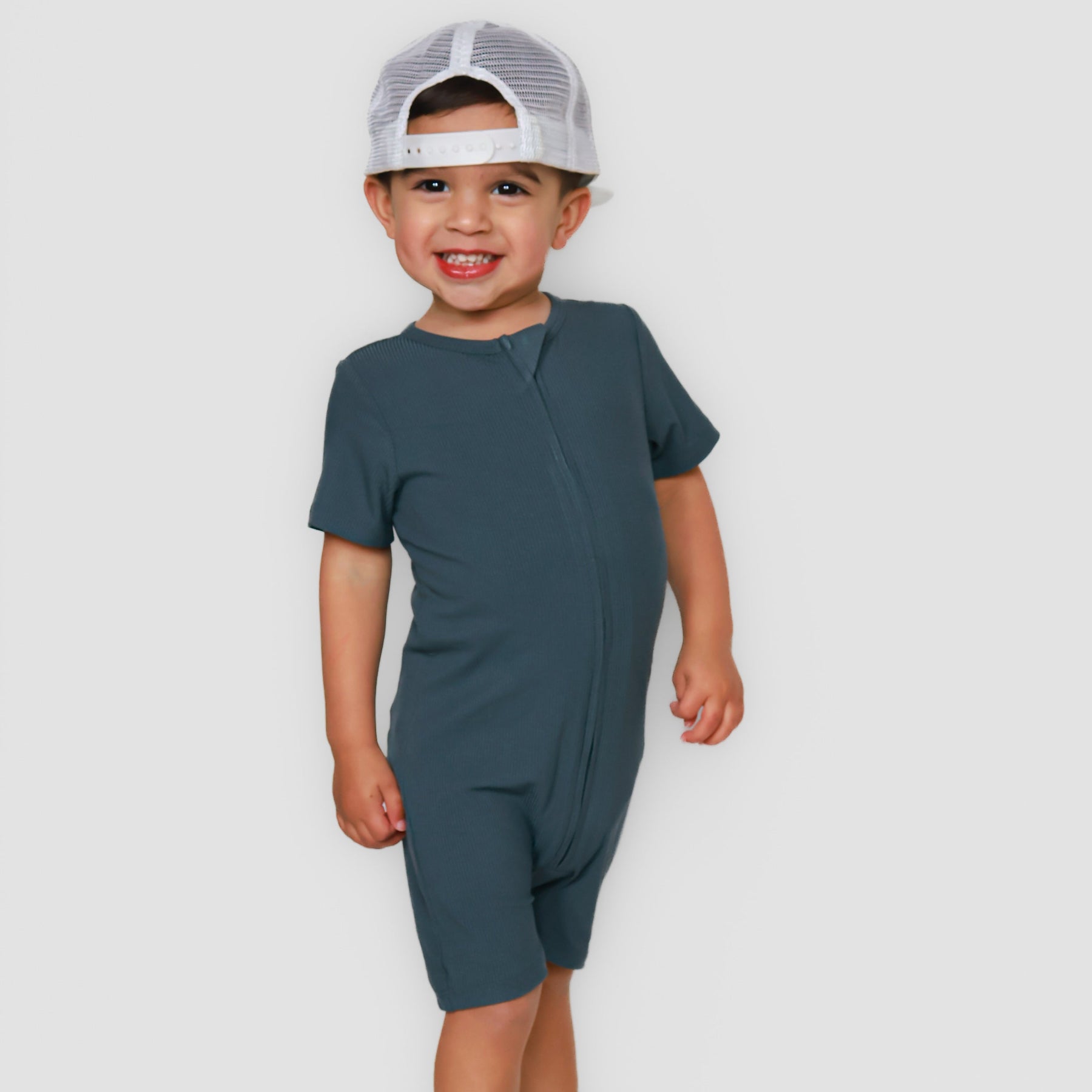 Dark Steel Blue Small Ribbed Summer Zip Romper
