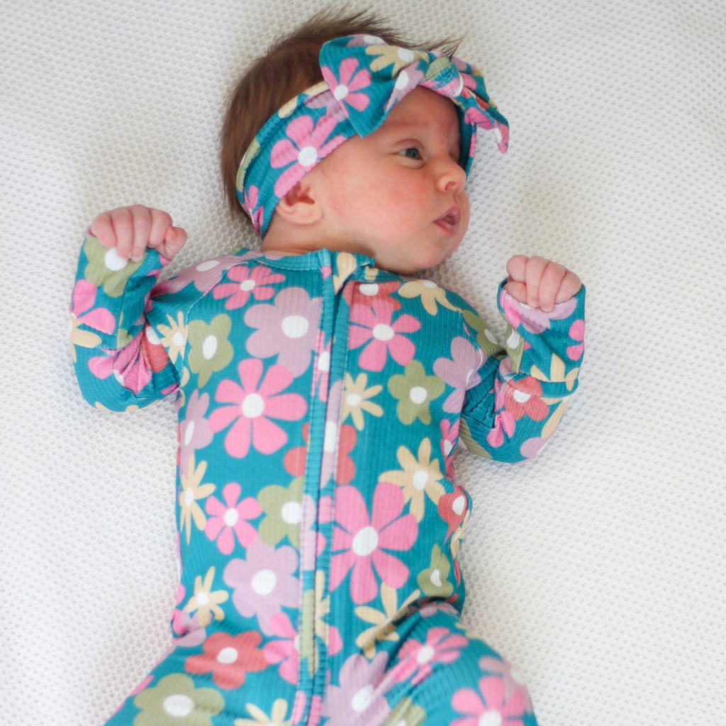 Retro Daisies Small Ribbed Bow