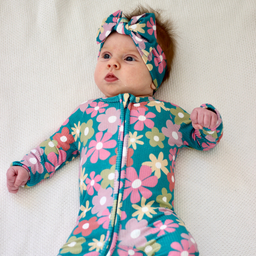 Retro Daisies Small Ribbed Bow