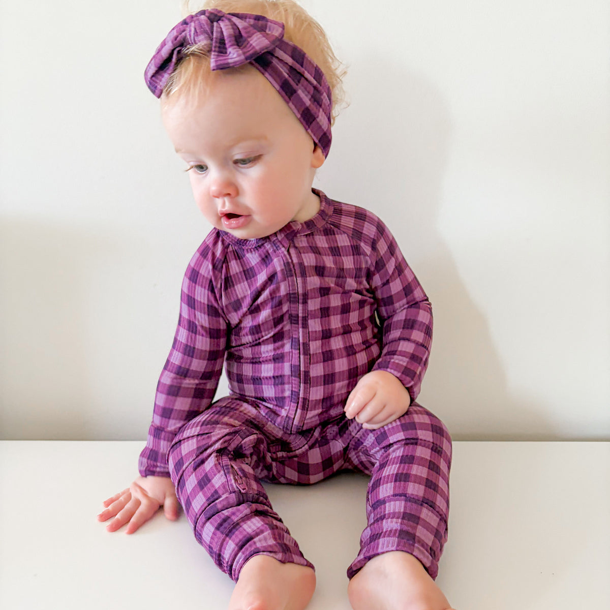 Plum Gingham Small Ribbed Zip Romper