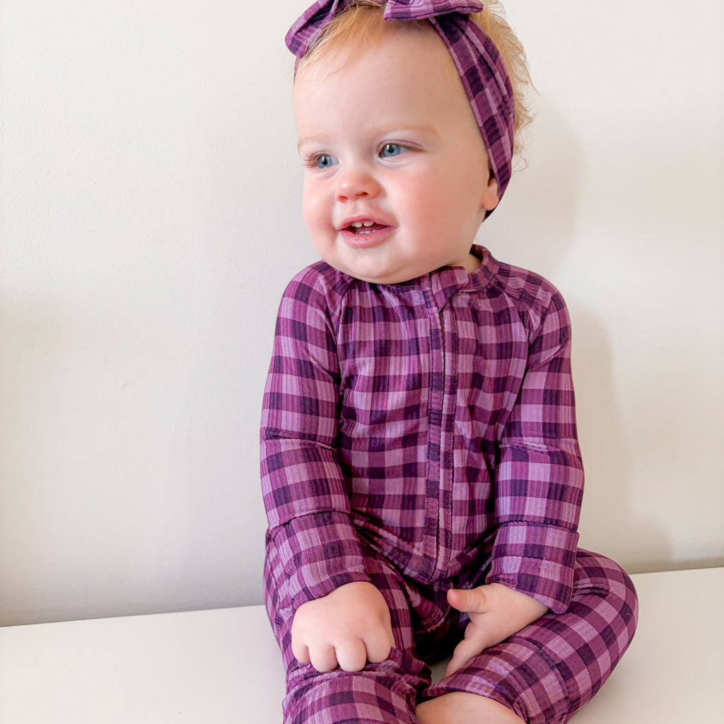 Plum Gingham Small Ribbed Zip Romper