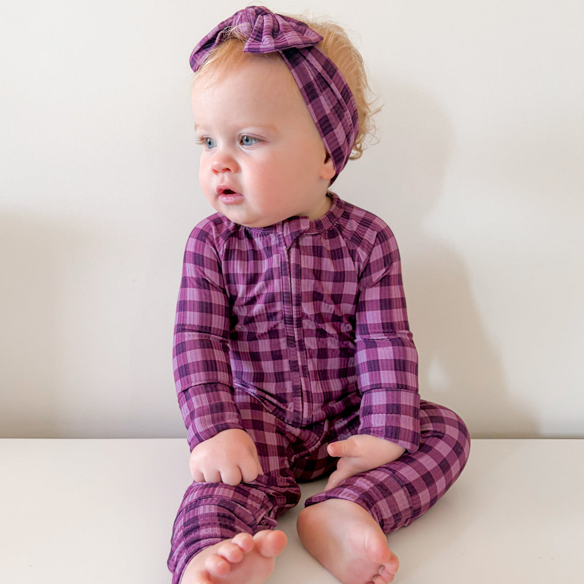 Plum Gingham Small Ribbed Zip Romper