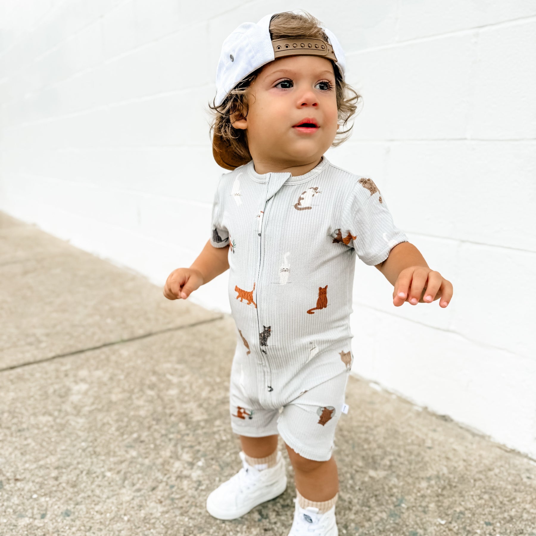 Cats Gray Small Ribbed Summer Zip Romper