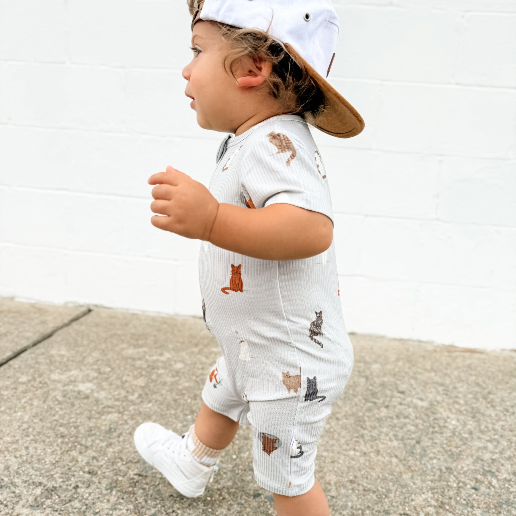Cats Gray Small Ribbed Summer Zip Romper