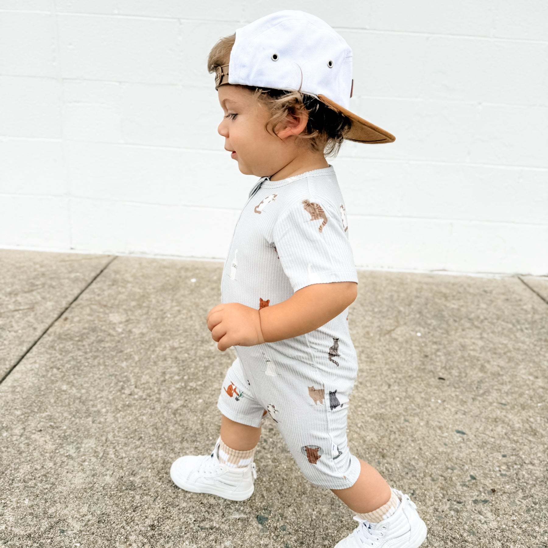 Cats Gray Small Ribbed Summer Zip Romper