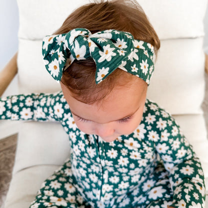 Green Floral Ribbed Bow
