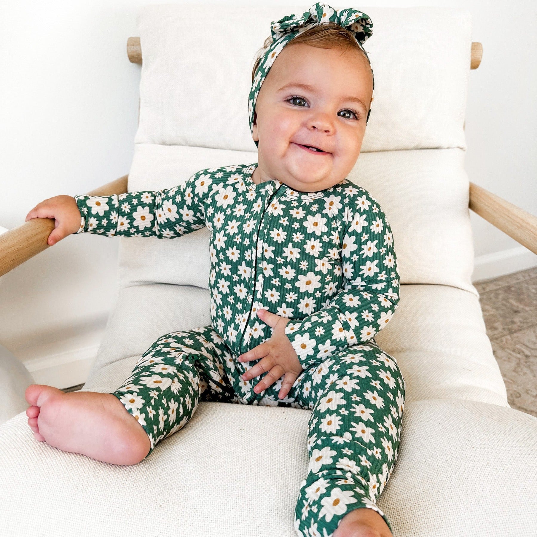 Green Floral Small Ribbed Zip Romper