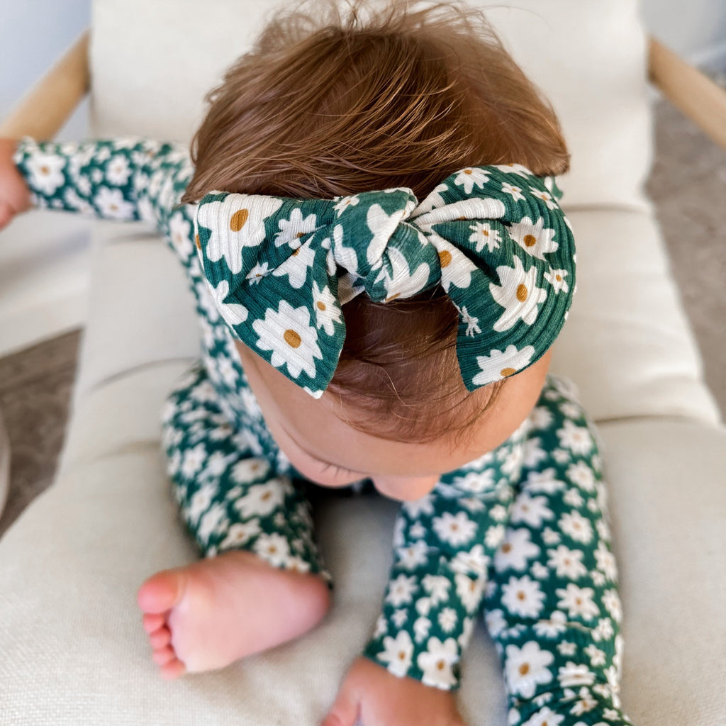 Green Floral Small Ribbed Bow