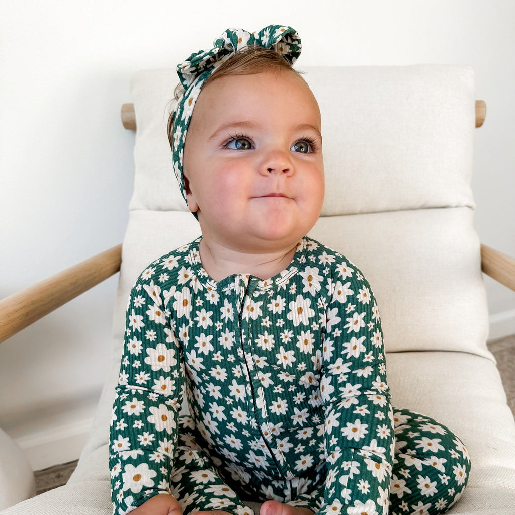 Green Floral Small Ribbed Bow