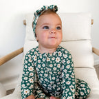 Green Floral Small Ribbed Bow