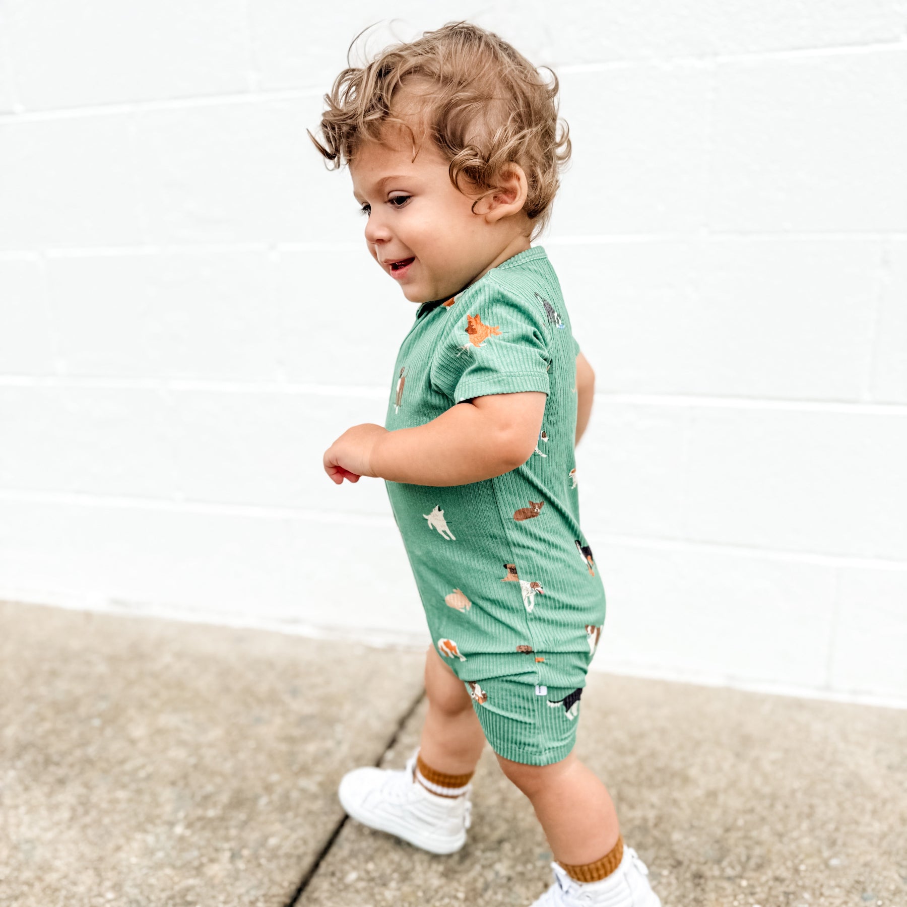 Dogs Green Small Ribbed Summer Zip Romper