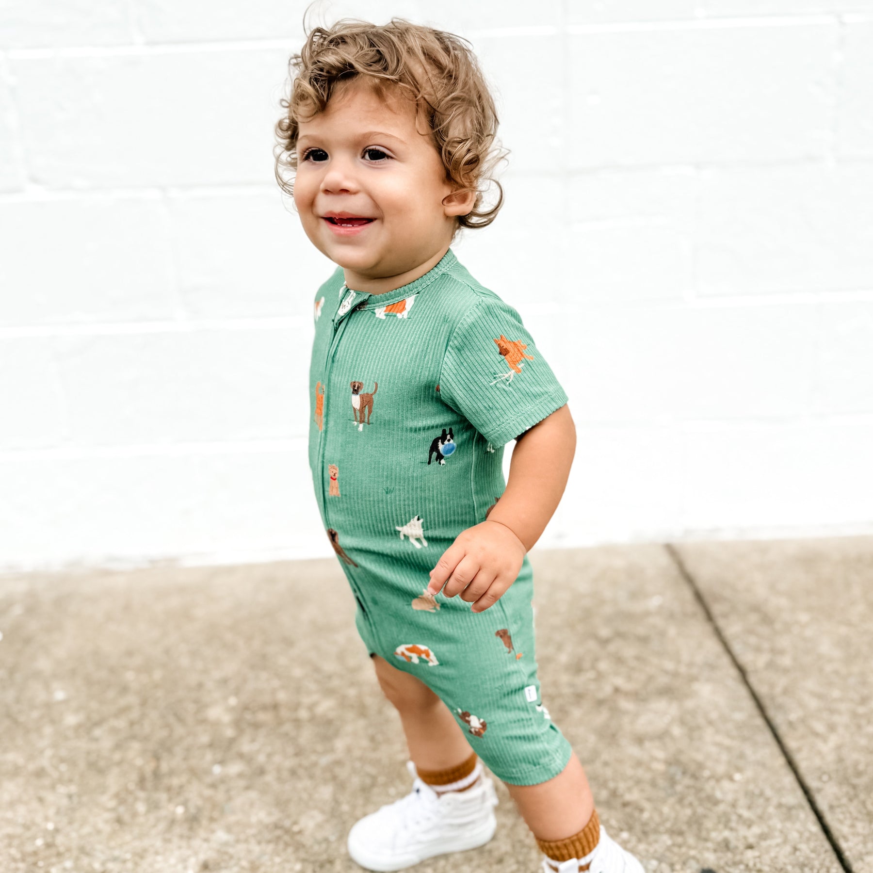 Dogs Green Small Ribbed Summer Zip Romper