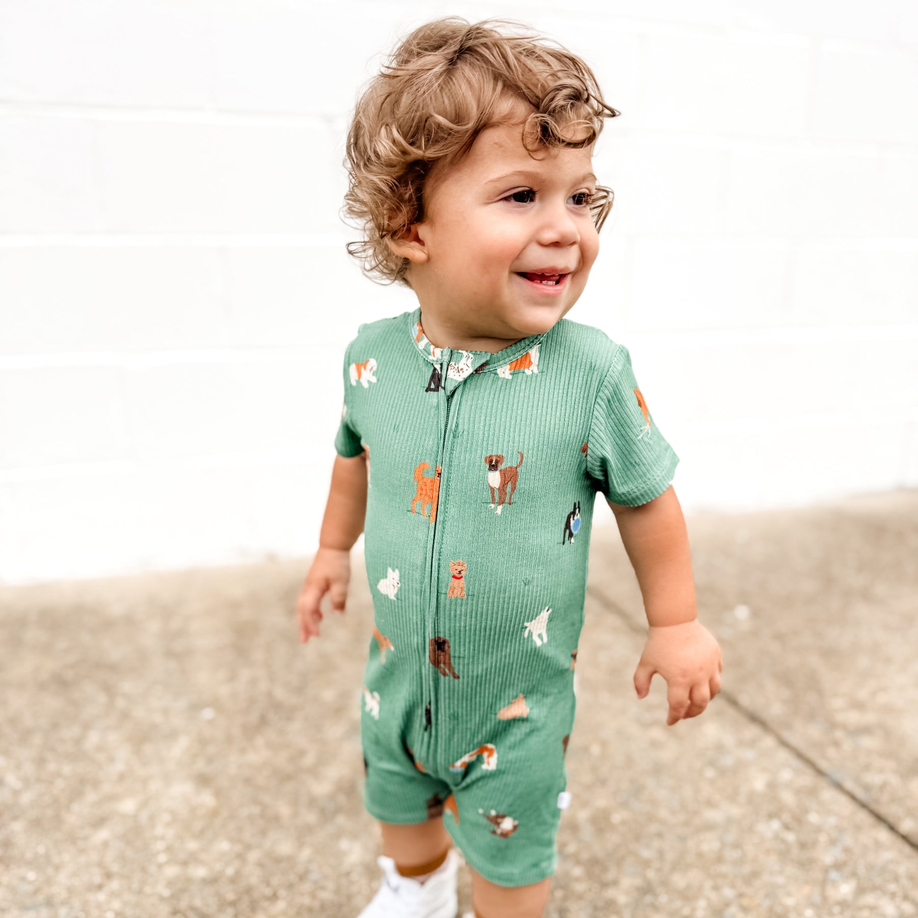 Dogs Green Small Ribbed Summer Zip Romper