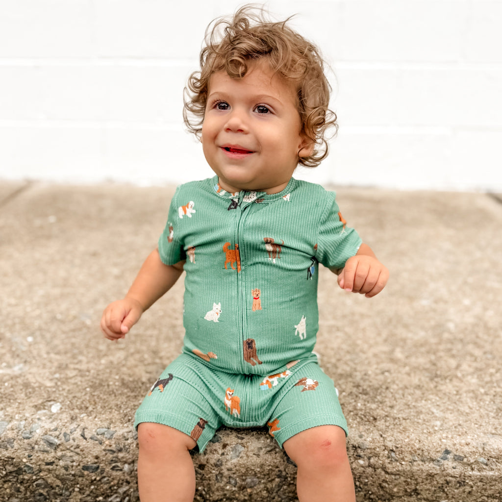 Dogs Green Small Ribbed Summer Zip Romper