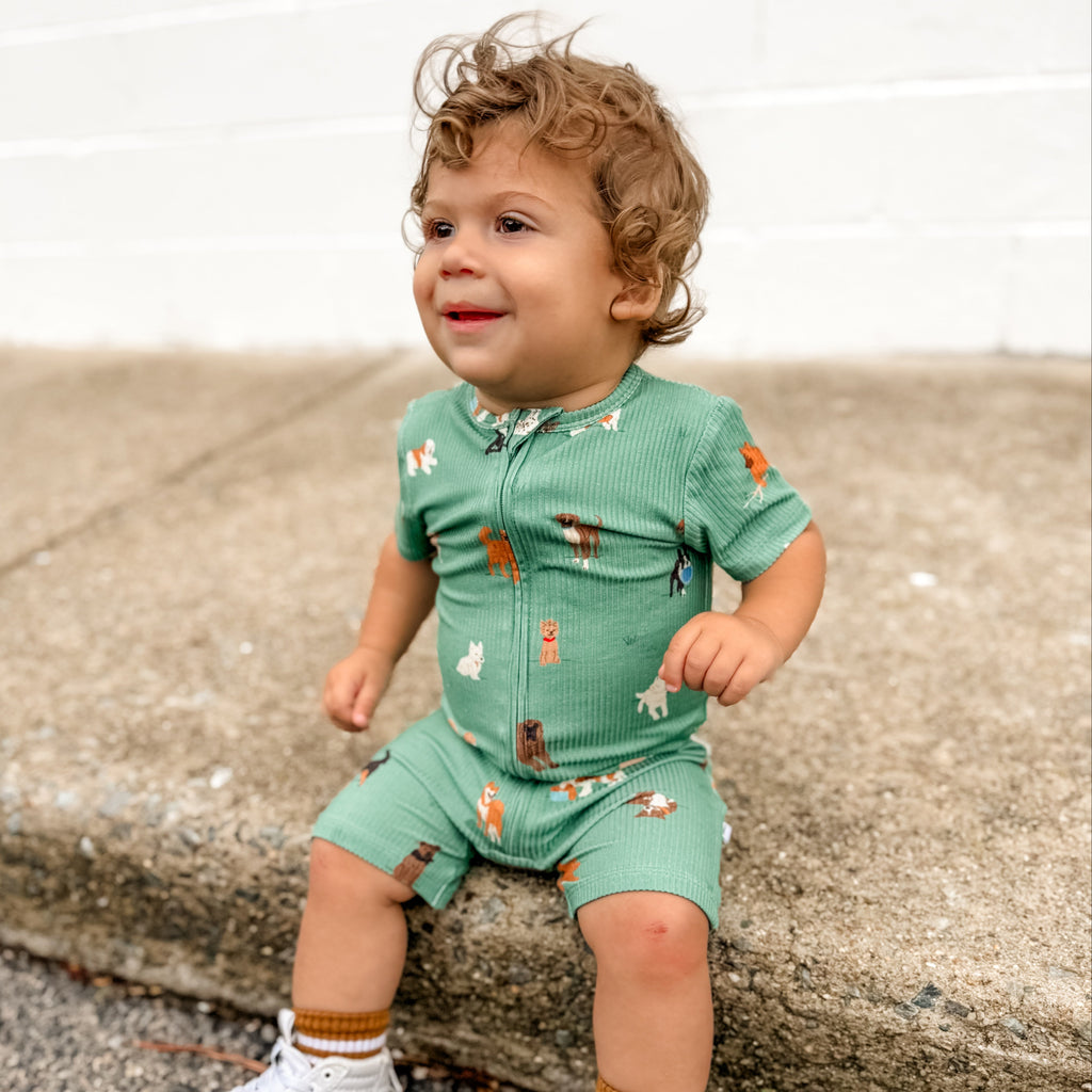 Dogs Green Small Ribbed Summer Zip Romper