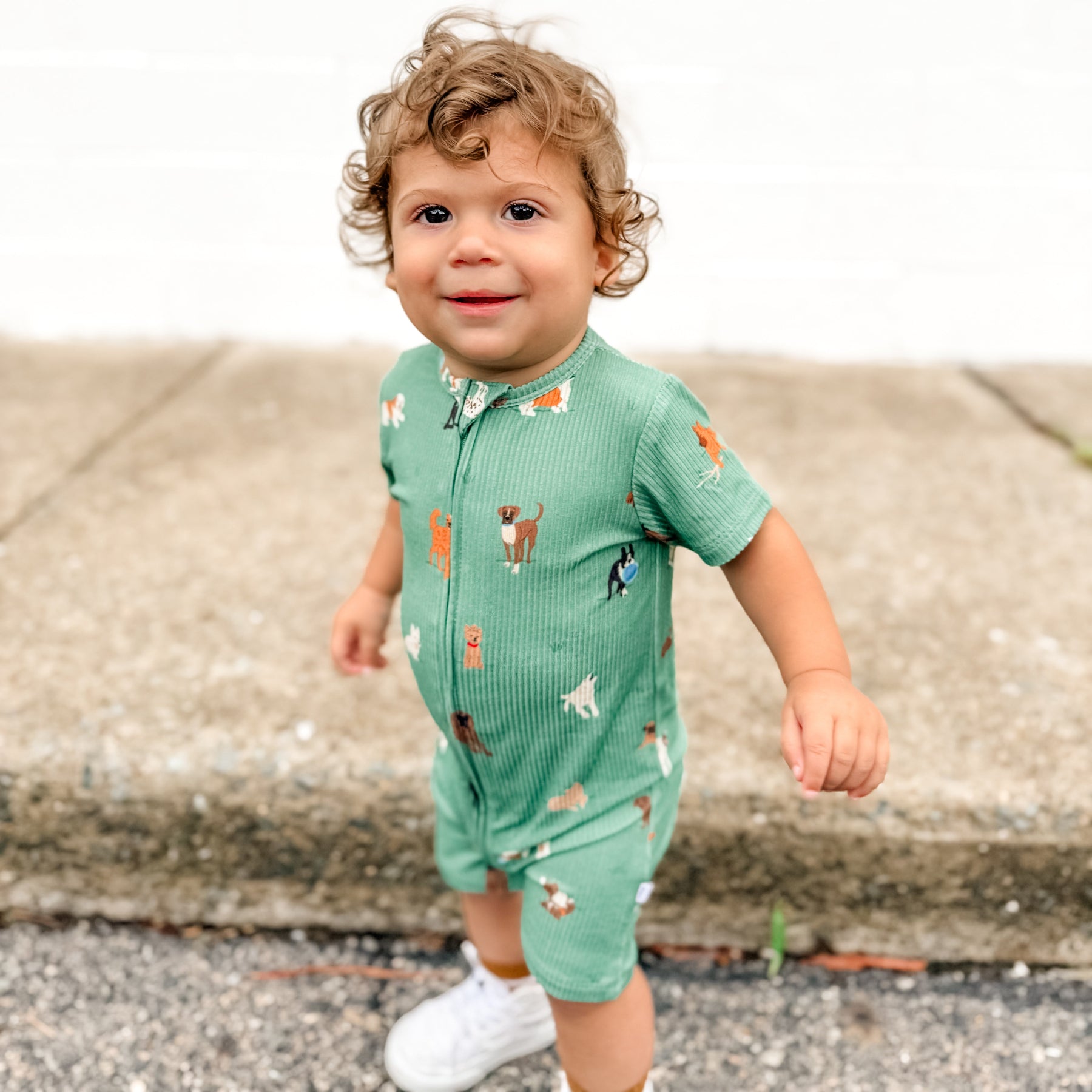 Dogs Green Small Ribbed Summer Zip Romper