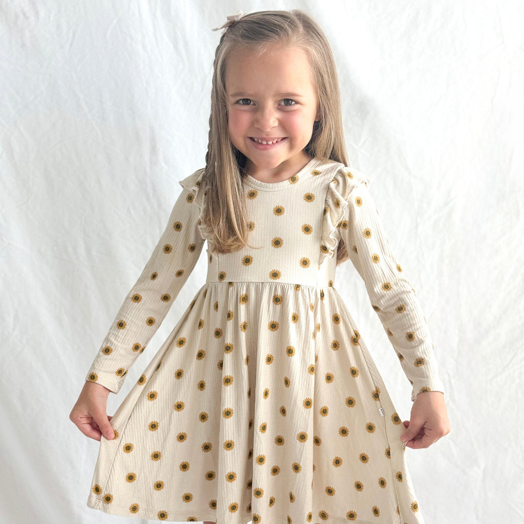 Sunflowers Small Ribbed Ruffle Long Sleeve Dress
