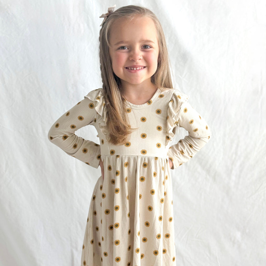 Sunflowers Small Ribbed Ruffle Long Sleeve Dress