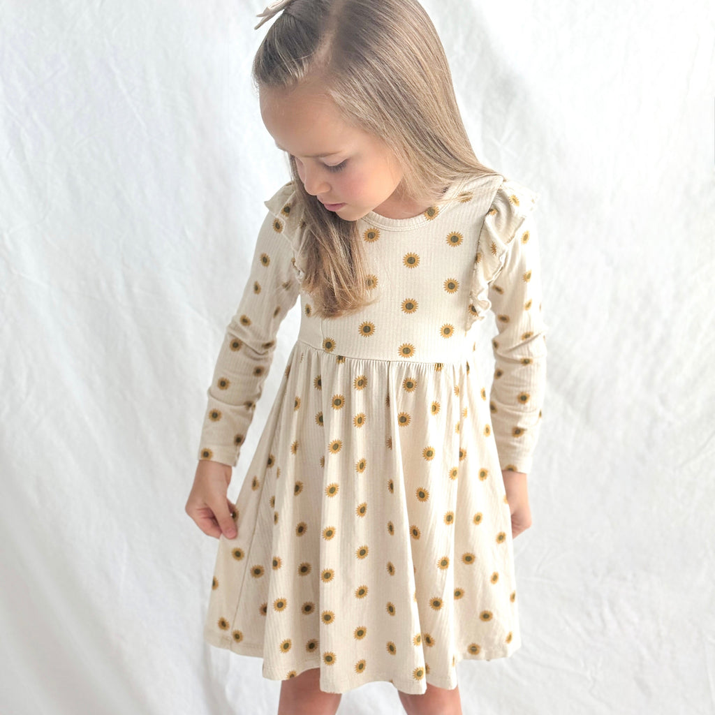 Sunflowers Small Ribbed Ruffle Long Sleeve Dress