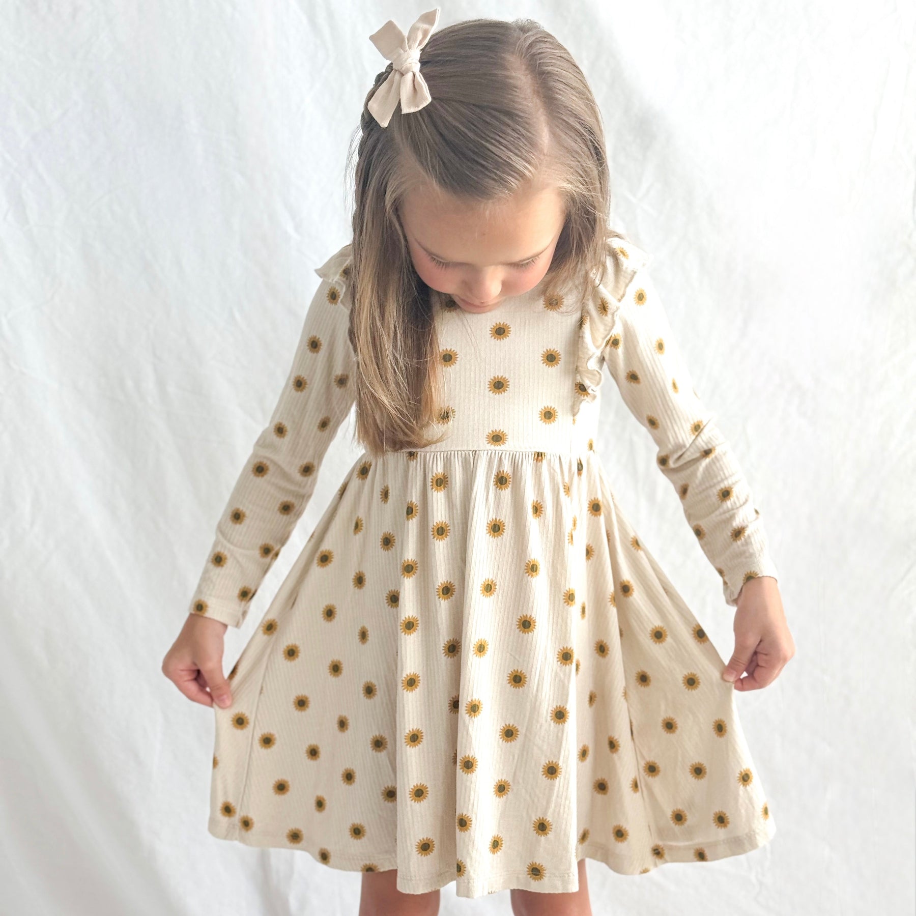 Sunflowers Small Ribbed Ruffle Long Sleeve Dress