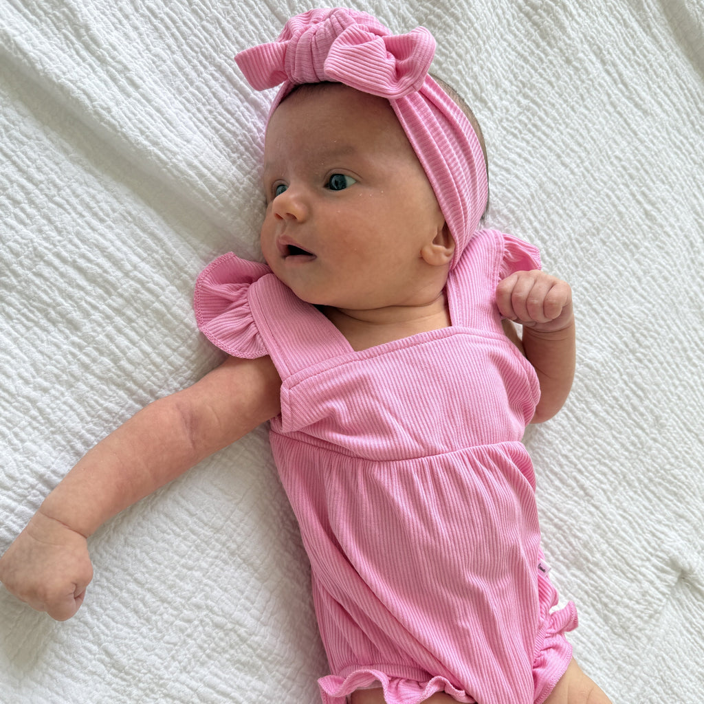 Bubblegum Pink Small Ribbed Flutter Sleeve Romper