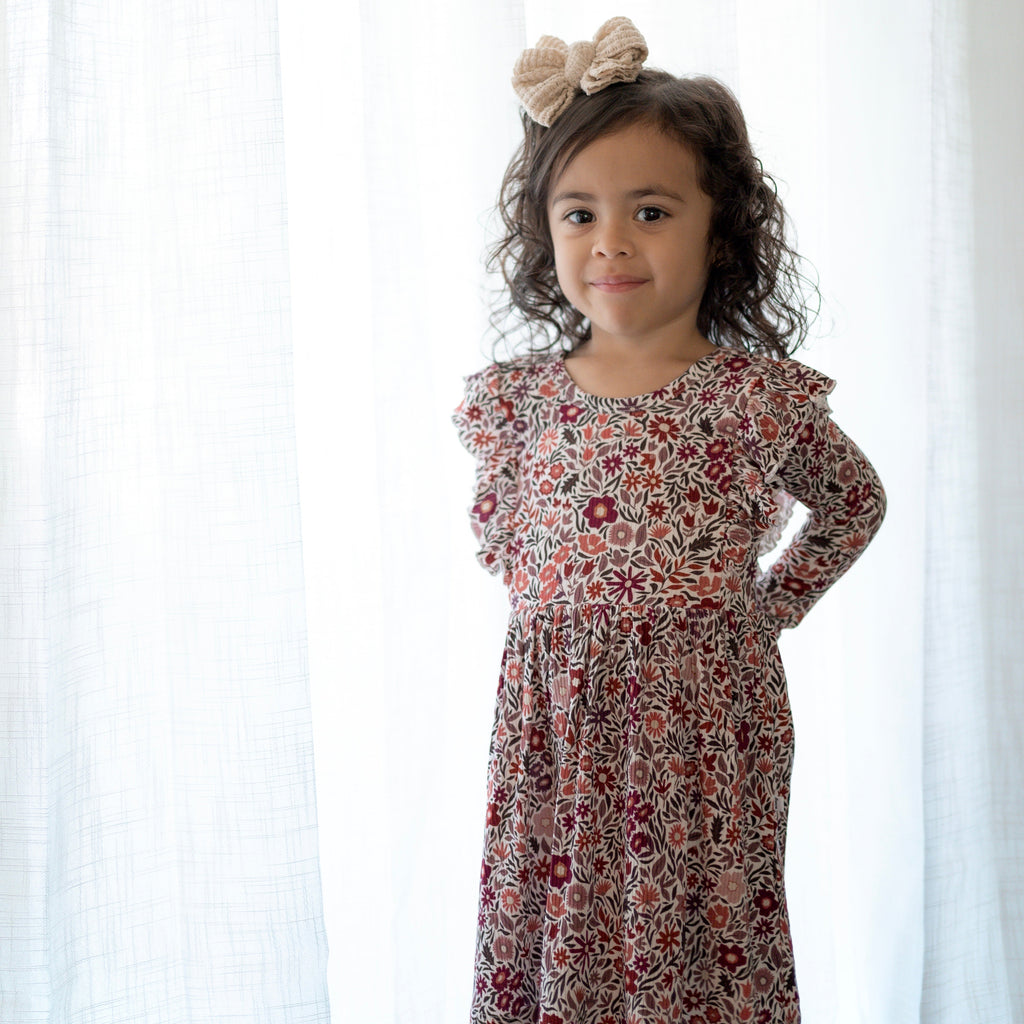 Fall Blooms Small Ribbed Ruffle Long Sleeve Dress