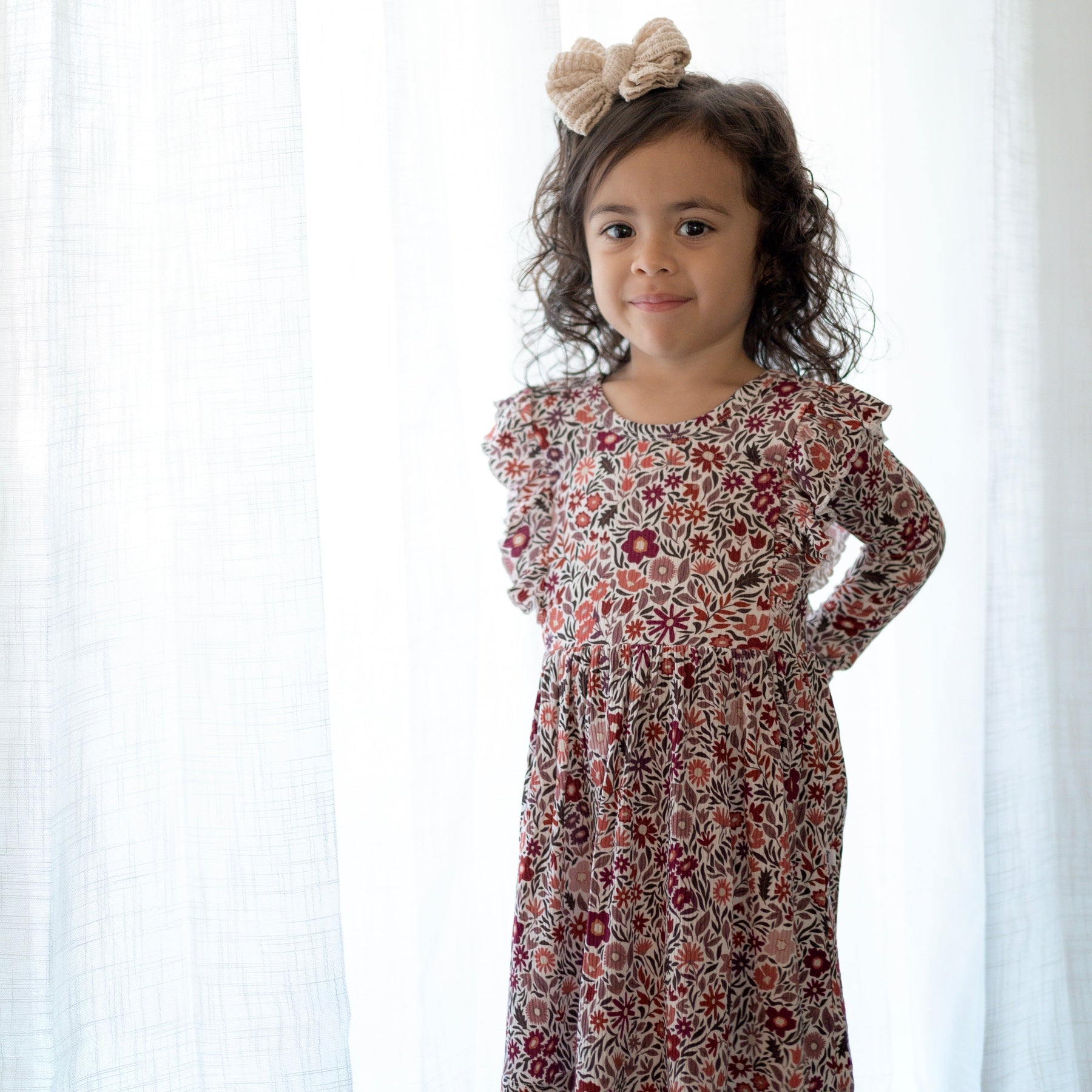 Fall Blooms Small Ribbed Ruffle Long Sleeve Dress