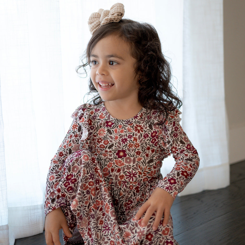 Fall Blooms Small Ribbed Ruffle Long Sleeve Dress
