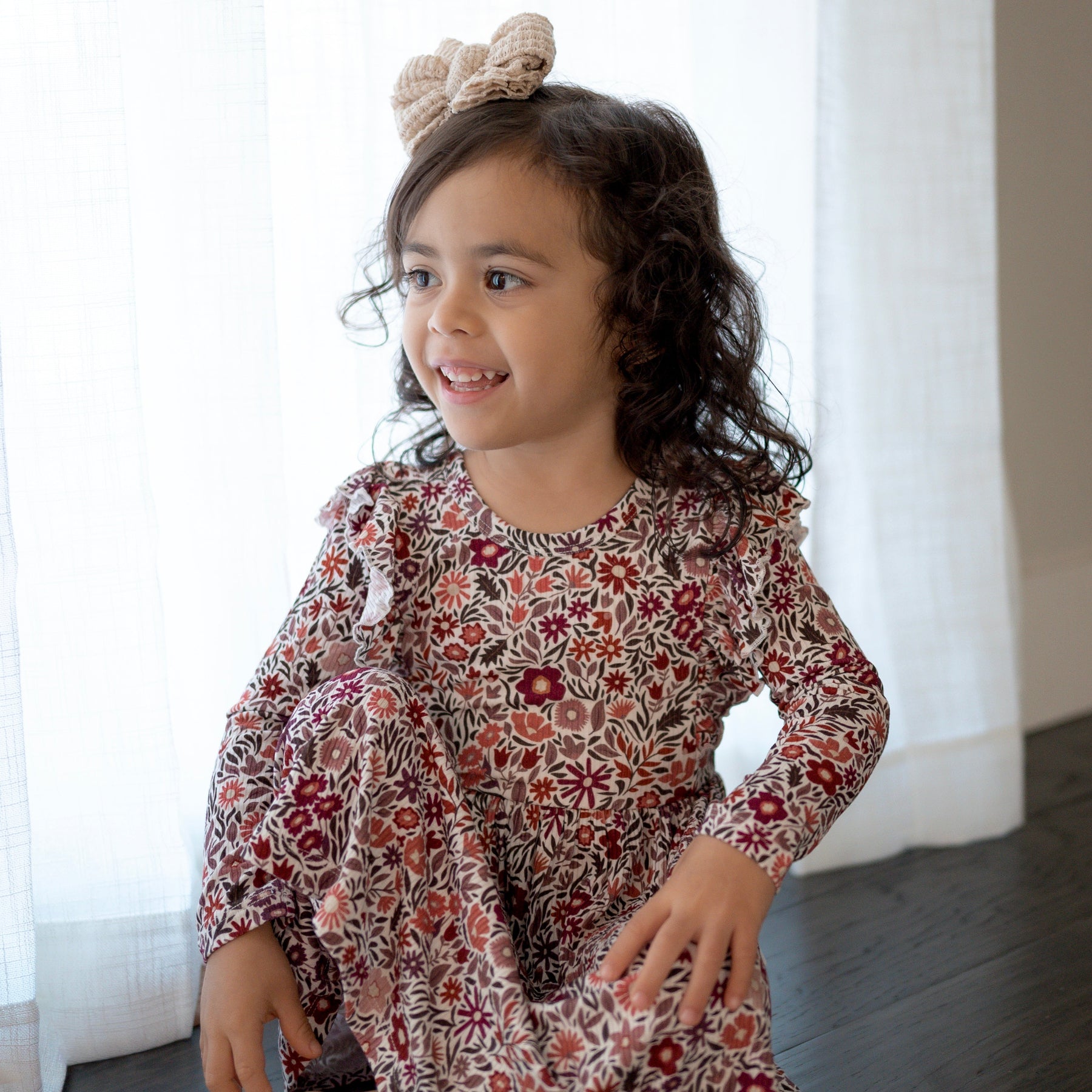 Fall Blooms Small Ribbed Ruffle Long Sleeve Dress