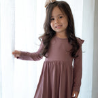 Plum Small Ribbed Ruffle Long Sleeve Dress