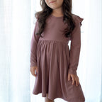 Plum Small Ribbed Ruffle Long Sleeve Dress