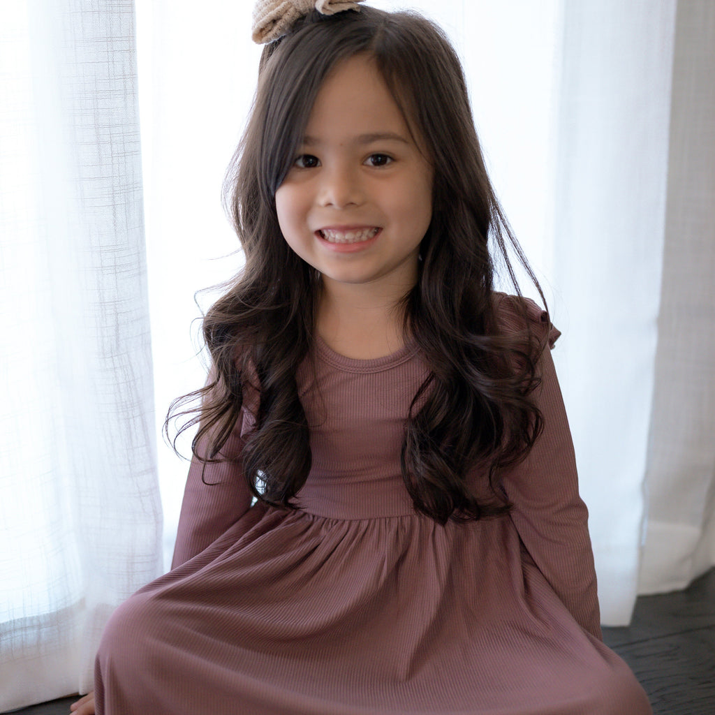 Plum Small Ribbed Ruffle Long Sleeve Dress