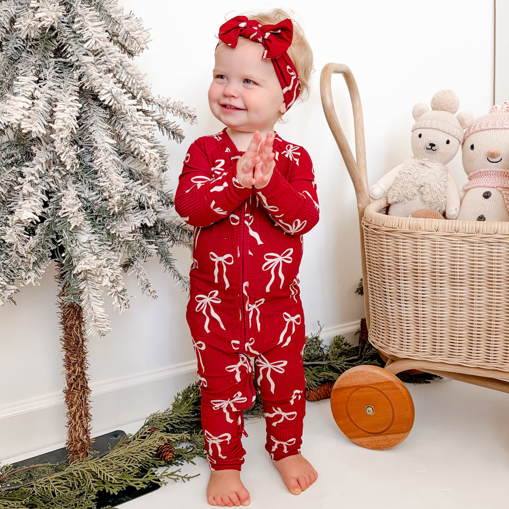 Coquette Bows Red Small Ribbed Zip Romper