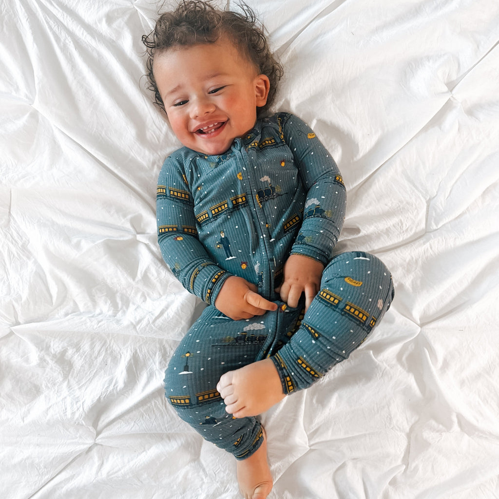 Christmas Trains Small Ribbed Zip Romper