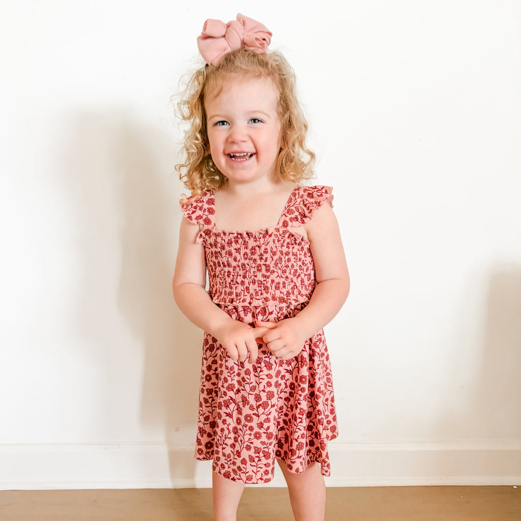 Mauve Floral Small Ribbed Flutter Sleeve Dress