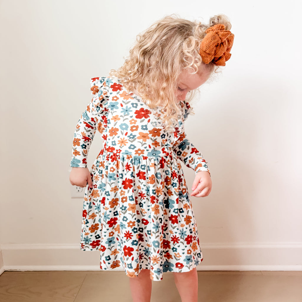 Autumn Meadow Small Ribbed Ruffle Long Sleeve Dress