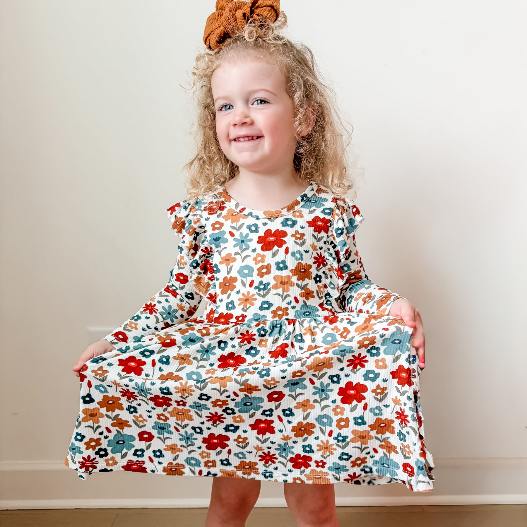 Autumn Meadow Small Ribbed Ruffle Long Sleeve Dress