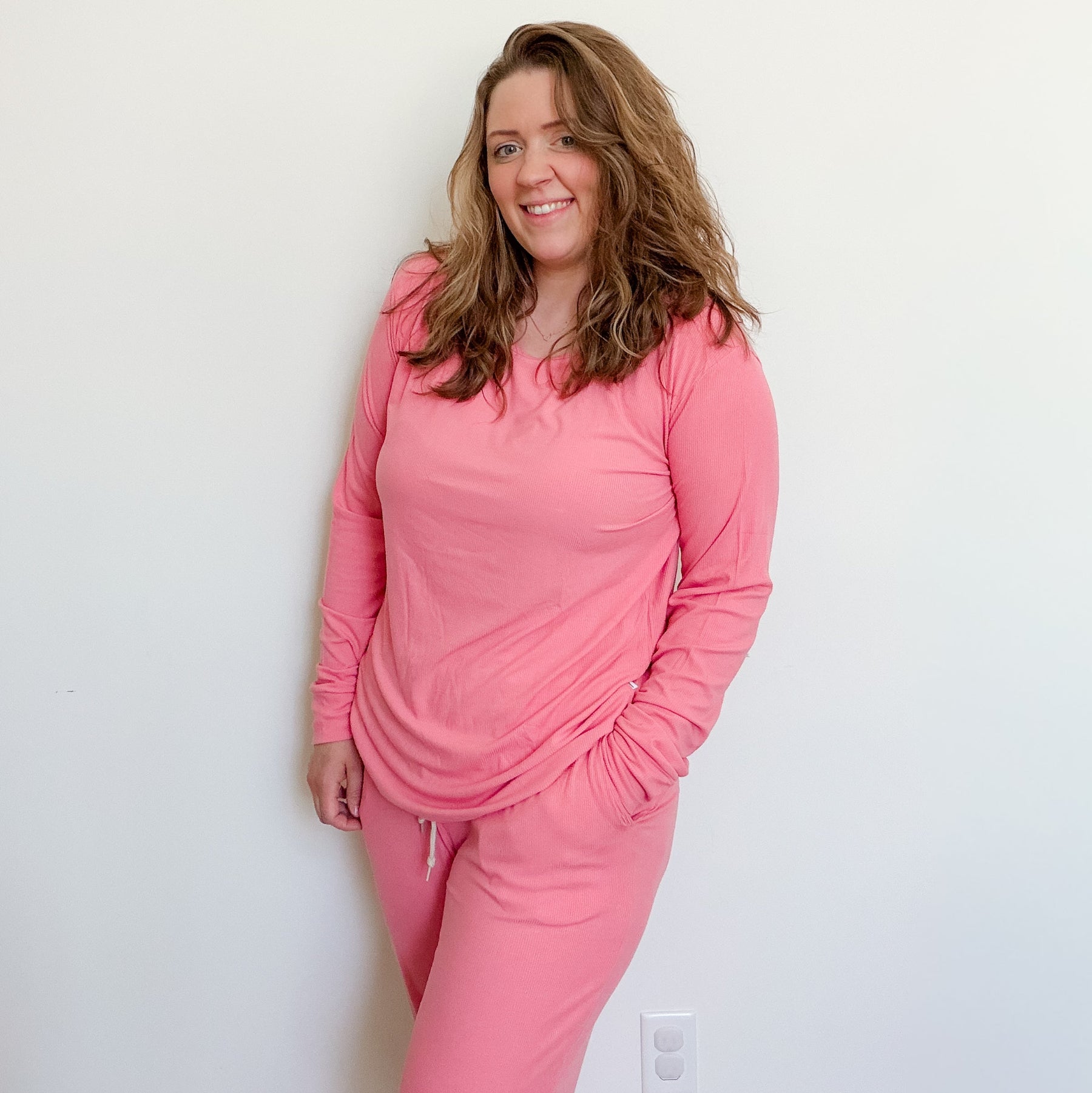Peony Pink Small Ribbed Women's Long Sleeve Top