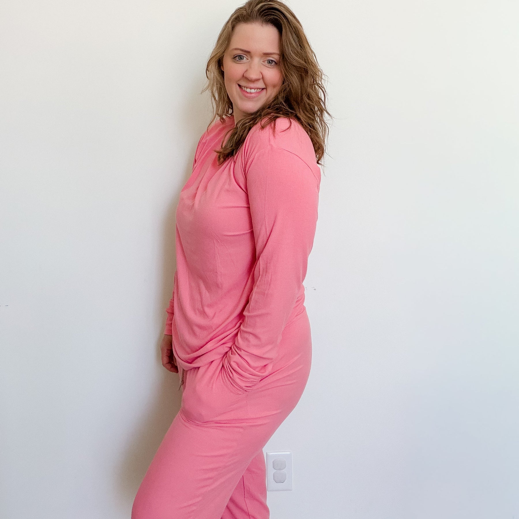 Peony Pink Small Ribbed Women's Long Sleeve Top