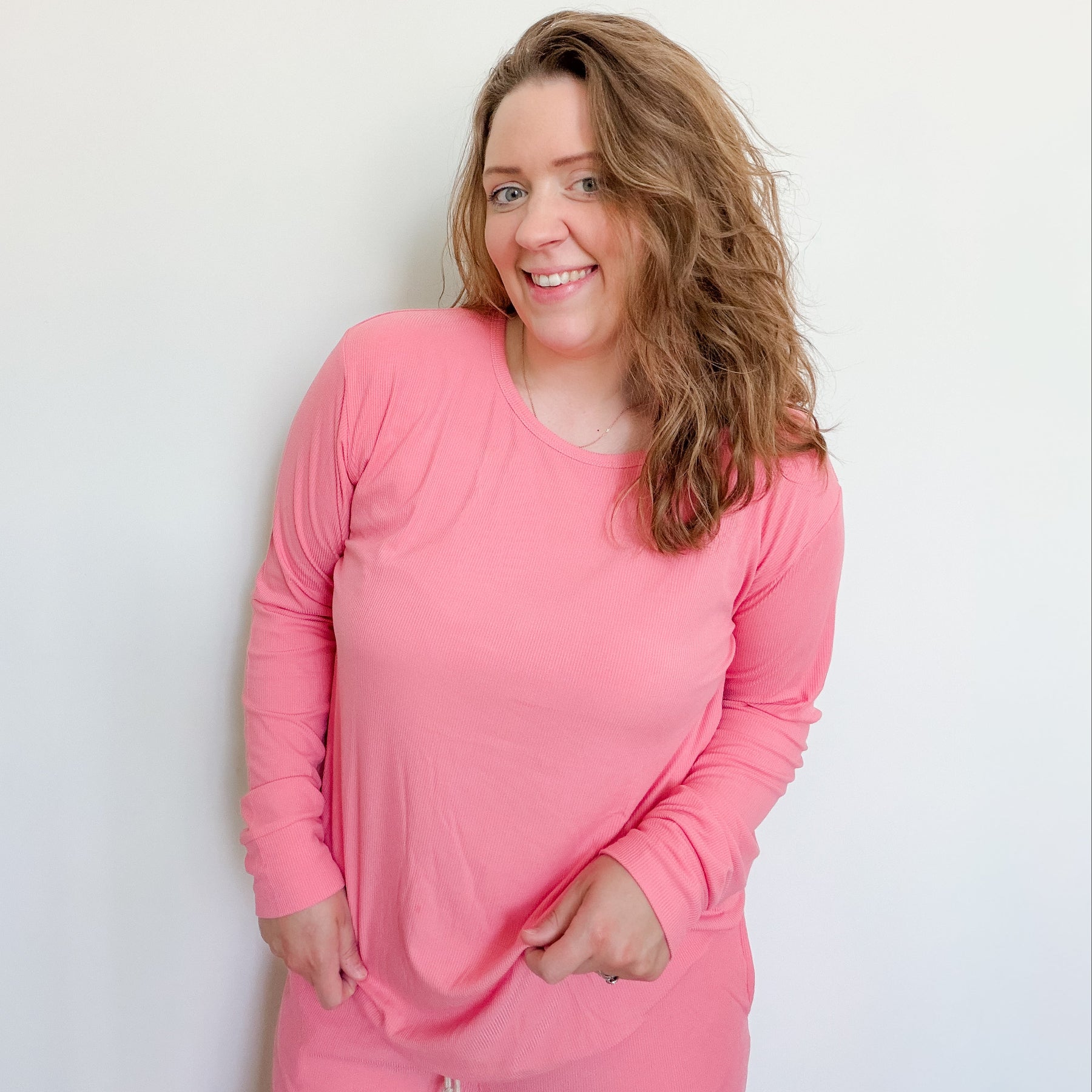 Peony Pink Small Ribbed Women's Long Sleeve Top